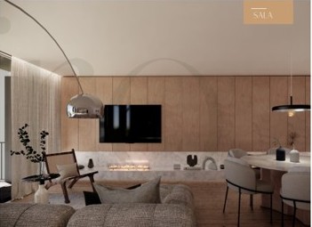 Sala de estar · linhas depuradas e materiais quentes.